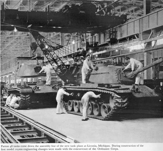 Patton M-48 tanks come down the assembly line at the new Livonia plant (1952).